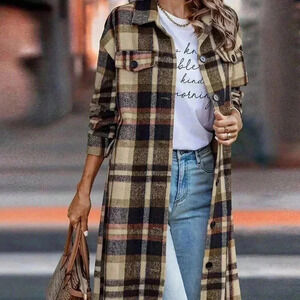 Navy Blue Elegant Women's Plaid Long Sleeve Button Up Shacket